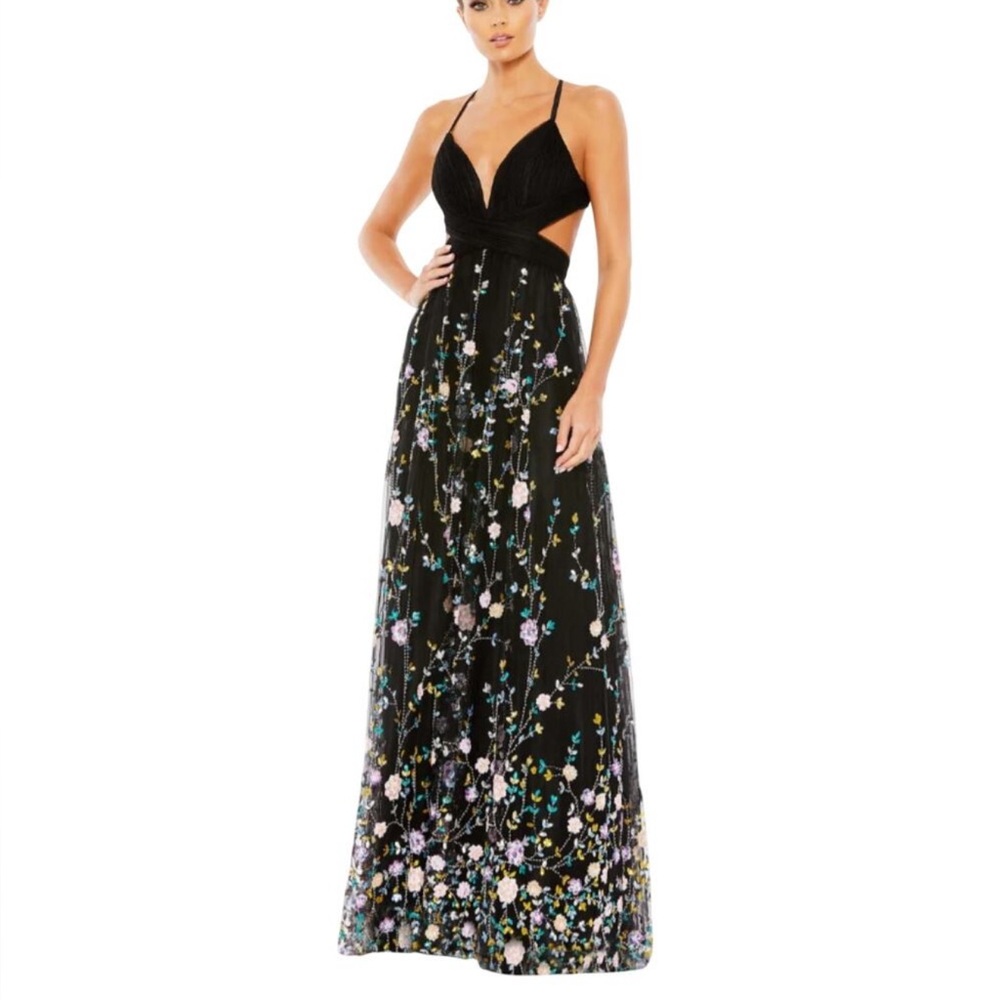 Mac Duggal Black Maxi Dress with Multicolor Floral Embroidery
